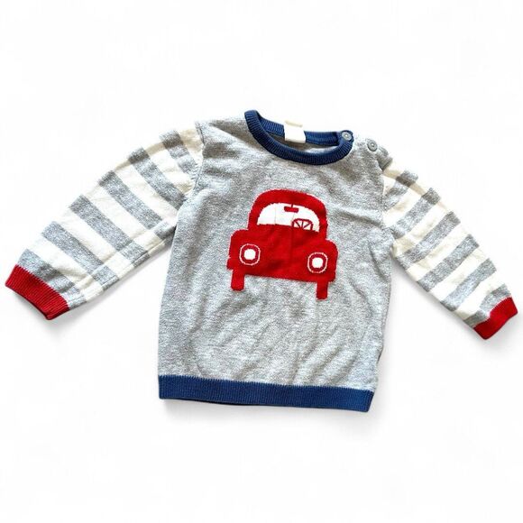 H&M Sweater Infant 9-12 Months Knit Red Car Stripes Preppy Cute Baby White Blue - Picture 1 of 3